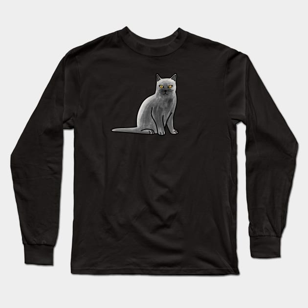 Gray British Shorthair Cat Long Sleeve T-Shirt by Kelly Louise Art